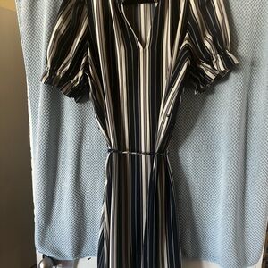 Ann Taylor Navy, Lavender and White Striped Midi Dress
